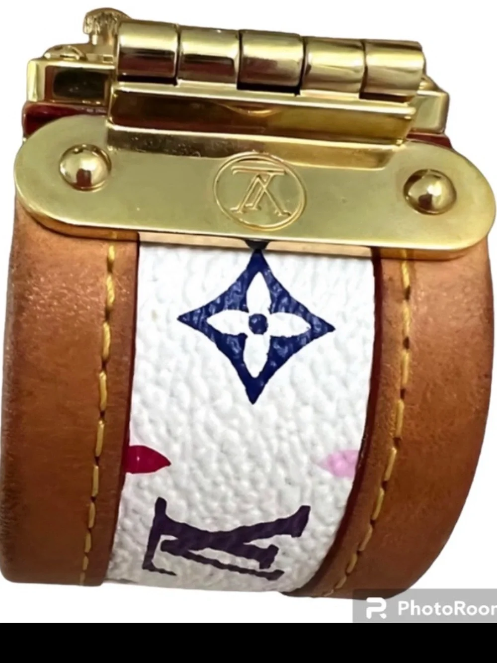 Louis Vuitton White Multicolor Monogram Leather Bracelet with Gold Hardware EUC